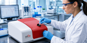 Penggunaan instrumen FTIR untuk analisis sampel di laboratorium.